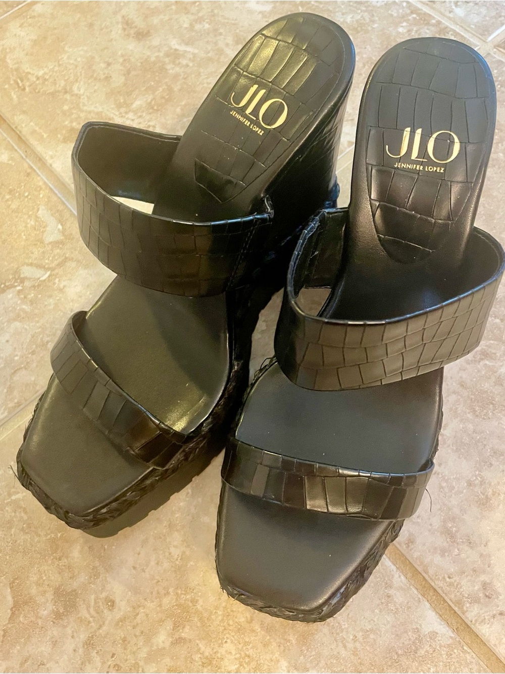 Jennifer Lopez “JLo” New Black Croc-Texture Platform Sandals